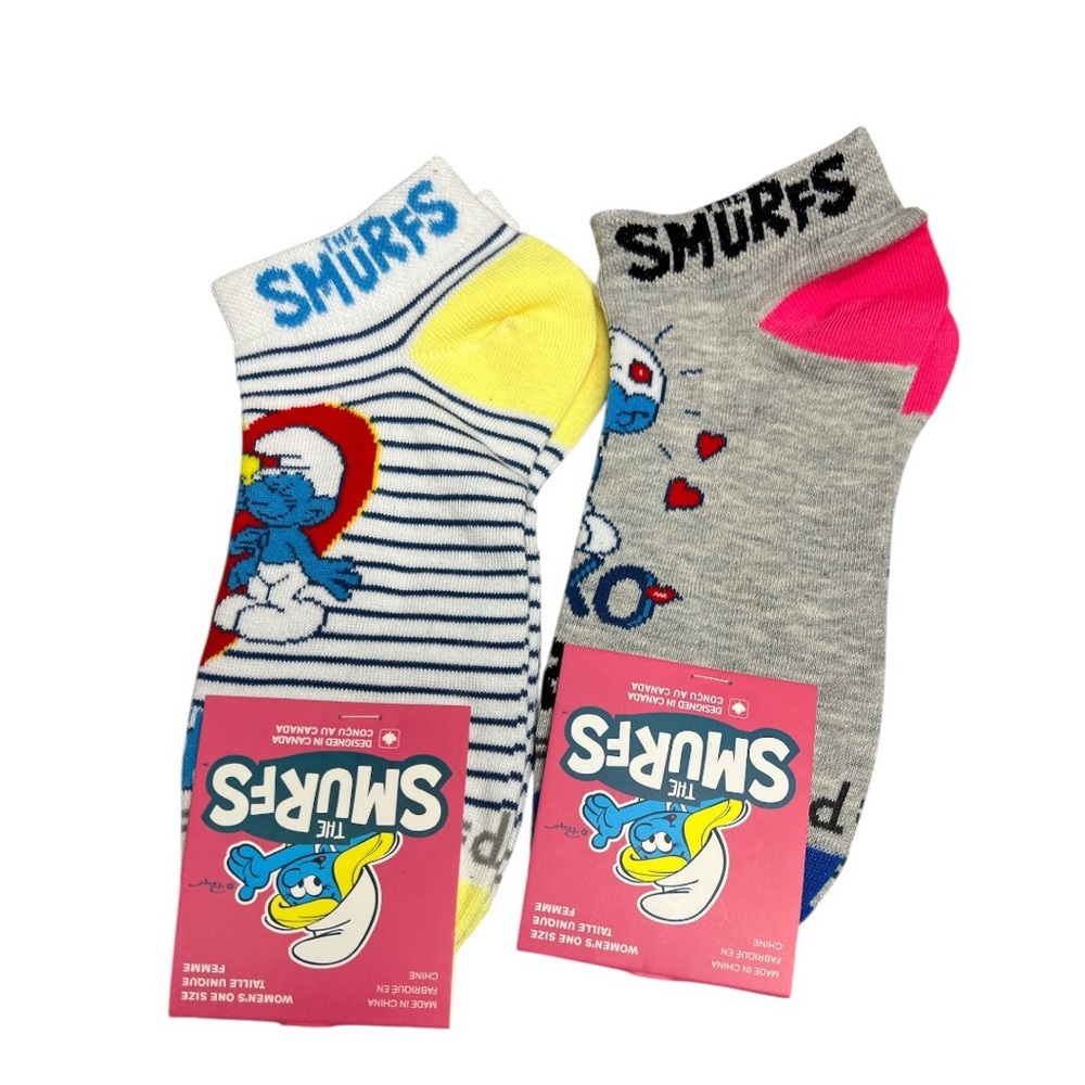 The Smurfs Ankle Socks 2 pair Women’s size 6 - 9.5 Smurfette Gray Yellow Blue